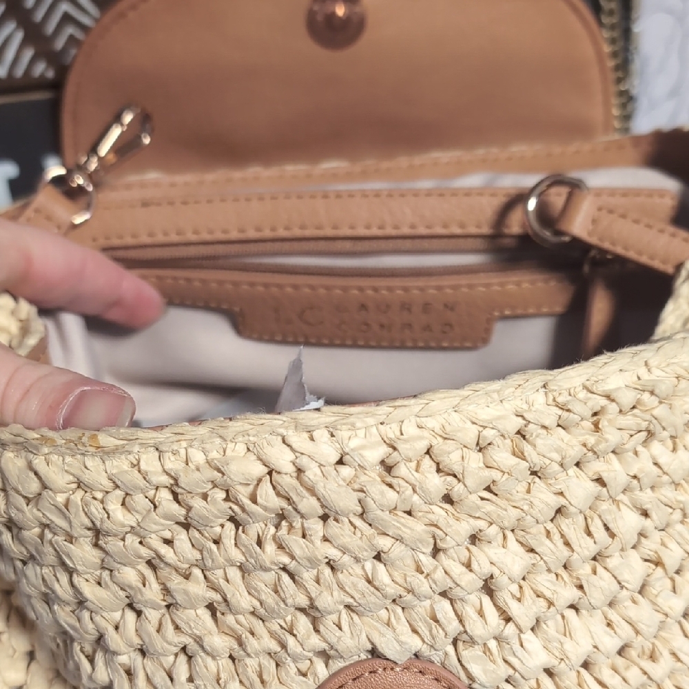 Top Handle Woven Backpack In Camel & Cashew With Rose Gold Details By LC - Picture 13 of 15